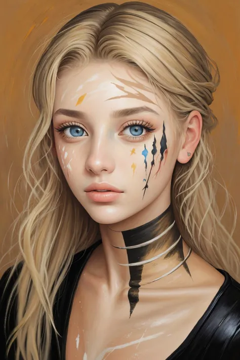 (oil painting:1.2) of <lora:AnaisMariani_v9:0.8> AnaisMariani with dirty blonde hair with highlights, close up on face, focus on eyes, (desert face paint:1.2)