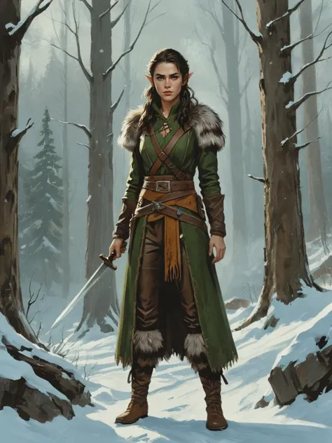 a woman in a green coat and brown boots standing in the snow