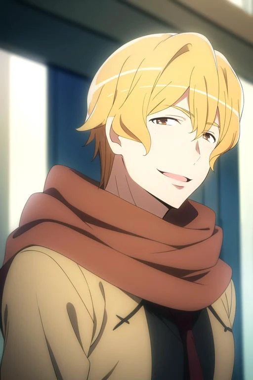 (best quality:1.1), (masterpiece:1.4), photorealistic, 1boy, solo, male focus, , upper body, depth of field, , , <lora:hermes_danmachi:0.96>, hermes_danmachi, blonde hair, brown eyes, , scarf, smile