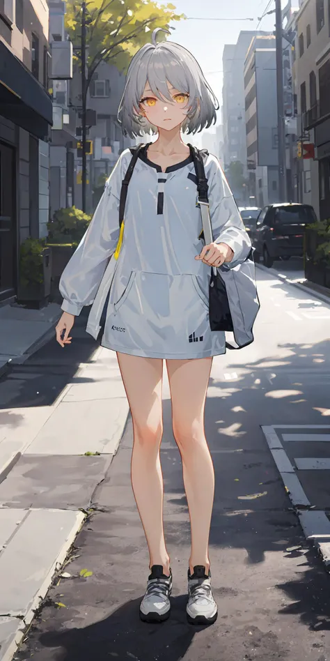 ANKAXIYA, white_sportswear, collarbone,  white_sneakers,  grey_hair, short_hair, ahoge, yellow_eyes, 1girl,  standing,  looking at viewer, full body, street,  day,  dappled sunlight,   (masterpiece,best quality,beautiful and aesthetic:1.2),    <lora:ANKAXI...