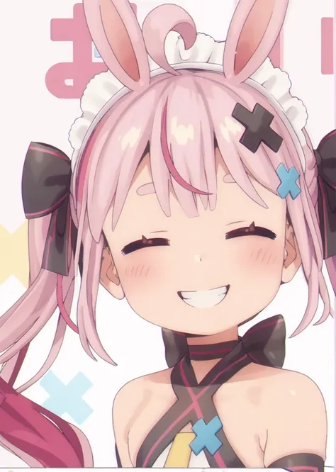 anime girl with pink hair and bunny ears smiling at the camera