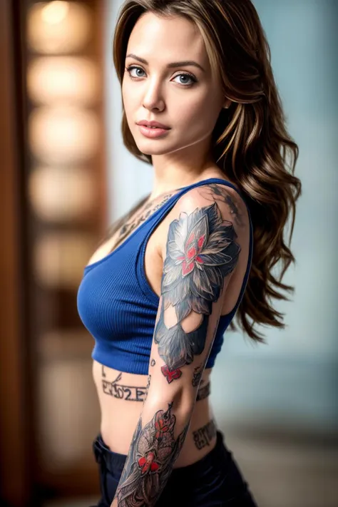 a woman with a tattoo on her arm and a blue top