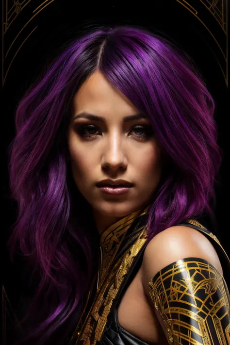 a woman with purple hair and a gold top posing for a picture