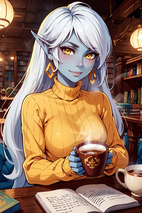 ((masterpiece,best quality)),  1girl, perfect face, Azshara, elf ears, long ears, white hair, long hair, long brows, colored skin, blue skin, grey skin, yellow eyes, jewelry, <lora:Queen_Azshara_ElfWorld_of_Warcraft:0.8>, solo, smile,
turtleneck sweater, e...