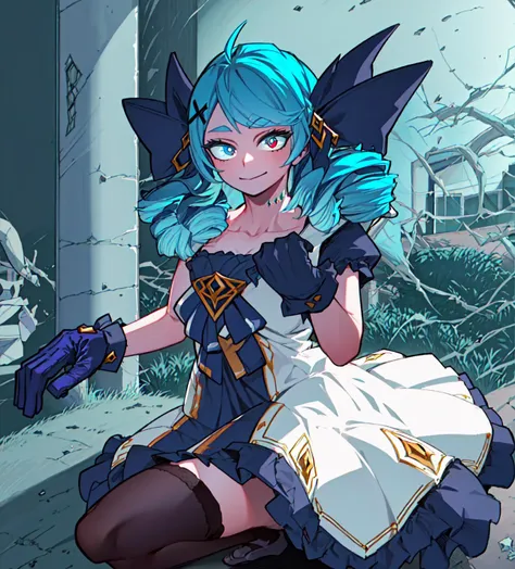 horikoshi kouhei, masterpiece, best quality, highres, gwen (league of legends) 1girl,blue eyes,1girl, red eyes, gwen (League of legends), black bow, black gloves, (Ultra detailed hands:1.4), black legwear, (blue hair:1.4), bow, collarbone, dress, drill hai...