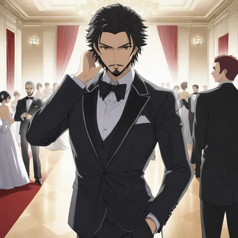 White in a black tuxedo, long black hair, stern facial expression, big dark brown eyes, hair parted down middle, (short beard:1.1), normal hands, ballroom background, masterpiece, HDRI, 8K (art by Kohei Horikoshi:1.3)