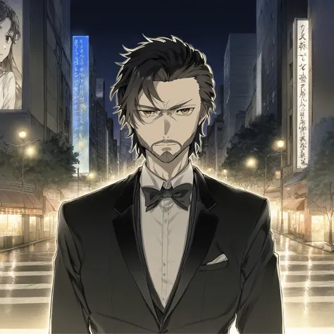 <lora:horikoshi_kouhei-000030:1>, white man in a black tuxedo, stern facial expression, big dark brown eyes, long black hair, hair parted down middle, nighttime street background, short beard, masterpiece, city lights background, (art by Kohei Horikoshi:1....