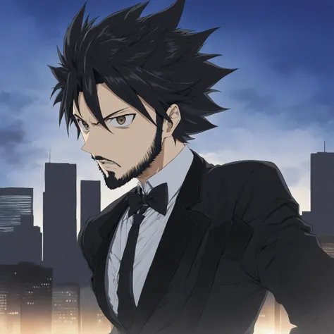 (by Kohei Horikoshi:1.2), solo white man, city skyline background, ferocious expression, long black hair, hair parted in middle, (short beard:1.1), big eyes, dark brown eyes, black tuxedo, masterpiece