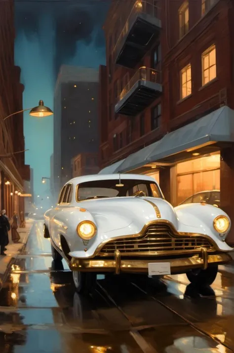 <lora:Winslow Homer Style:1> Winslow Homer Style, oil painting,   white and brass science fiction hovering industrial luxury car by a downtown hotel, science fiction, night time, volumetric light, dutch angle, cinematic angle