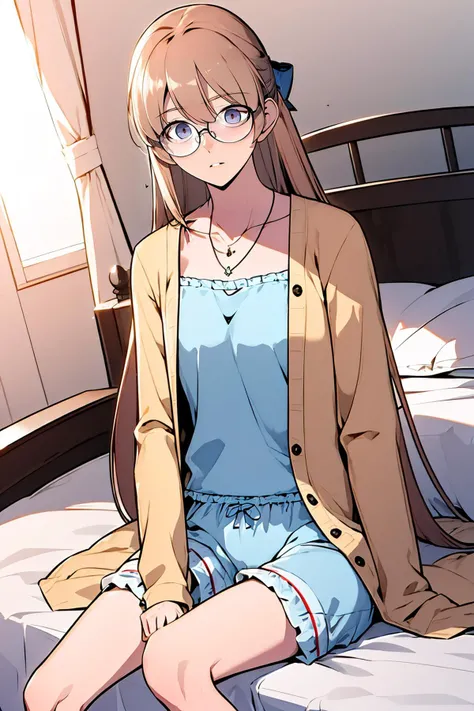 masterpiece, best quality, 1girl, solo, long hair, sleep mask, glasses, collarbone, necklace, pajamas, camisole, blue bow, brown cardigan, open clothes, long sleeves, frilled shorts, white shorts, white bloomers <lora:Solo_Max-Level_Newbe_Style:1>