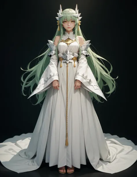 a woman in a white dress and green hair is posing