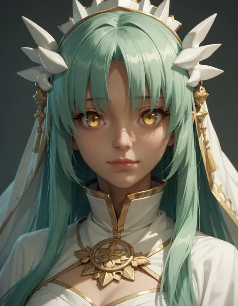 a close up of a woman with long green hair wearing a white dress