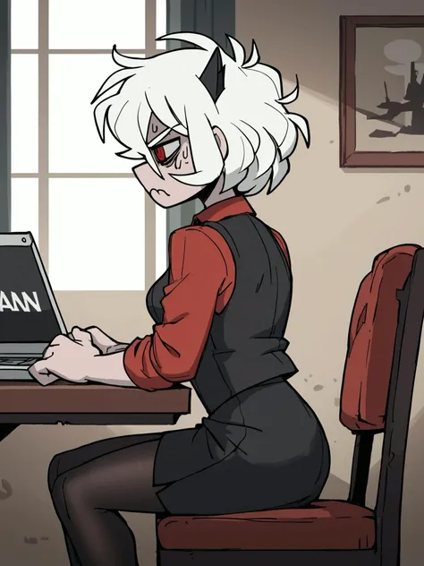 anime girl sitting at a desk with a laptop computer