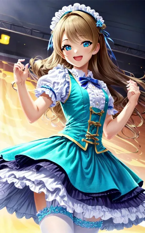 a girl in a blue dress holding a knife and a knife