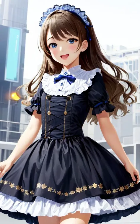 igirl :D <lora:_idoldress:0.7:DN> idoldress, dark starry print dress Frilled, (masterpiece) 8k_wallpaper
