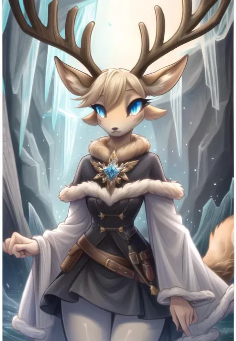 ((best quality)), ((highly detailed)), masterpiece, (detailed eyes, deep eyes), (1girl), cowboy shot, <lora:hairdetailer:1>, -((deer girl)), deer ears, deer tail, <lora:deerantlers-12:1>, dearantlers, large deer antlers, fur coat, (at a dark ice cavern, st...