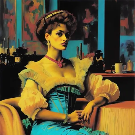 a painting of a woman sitting in a chair with a blue dress