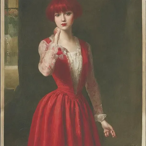 a painting of a woman in a red dress with a white lace overlay