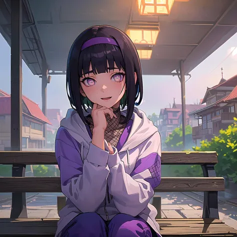 masterpiece, best quality, ultra-detailed, illustration, epic lighting, cinematic composition, isometric, anime, 2d, <lora:HinataNS:1> 1girl, HinataNS, cute, lustrous skin, captivating pose, short black hair, blunt bangs, white eyes, no pupils, (purple hoo...