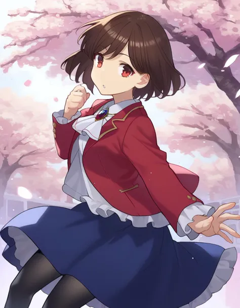 anime girl in a red jacket and blue skirt with a cherry tree in the background