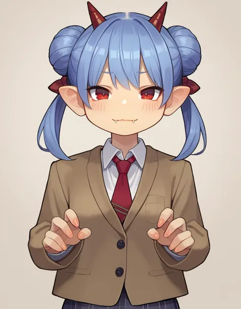 anime girl with blue hair and horns in a suit