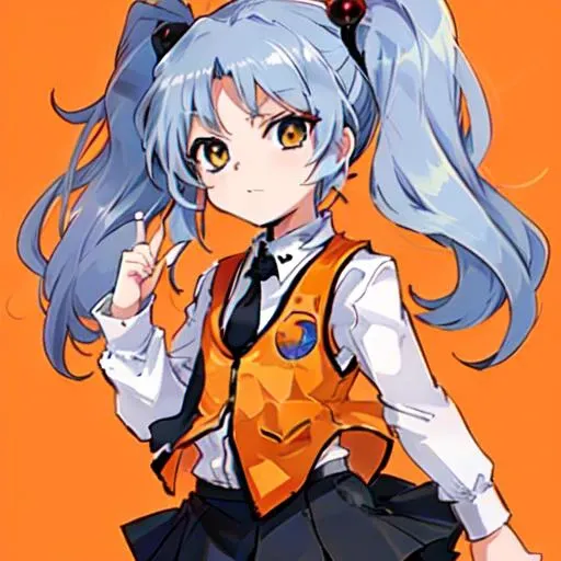 <lora:electronicFairy_10:0.7>,ruri,child,short twintail,jitome,orange vest,black Necktie,black skirt,