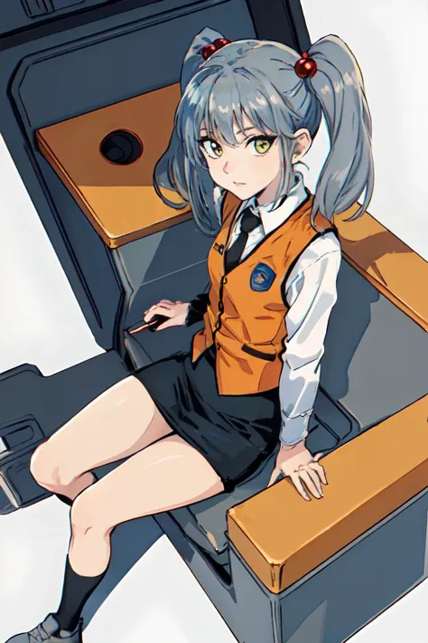 (masterpiece, best quality;1.3), ultra detailed, Looking at viewer,1girl, solo,
<lora:ruri:0.65>ruri, grey hair, yellow_eyes, BREAK,
orange vest, white collared shirt, black necktie, parted bangs, small breasts,twintails,hair bobbles, black short pencil ...