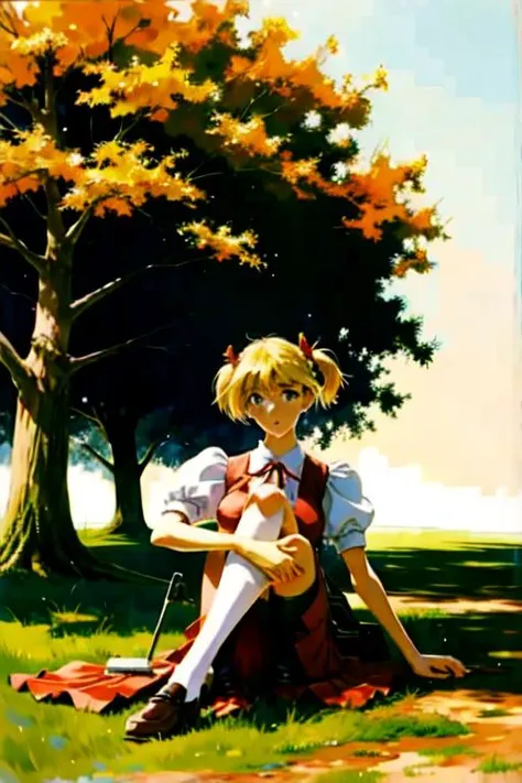 <lora:CHAR_EriSawachika:1>eri, eri, school uniform, red skirt, puffy short sleeves, vest, vivid colors sitting on the ground leaning on a big a tree, tired expression, detailed shadows, (masterpiece,  high detailed, high quality) detailed face, beautiful