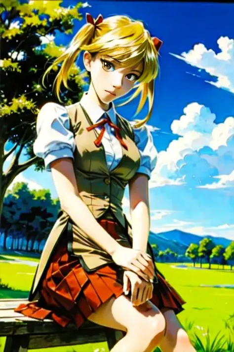 <lora:CHAR_EriSawachika:1>eri, eri, school uniform, red skirt, puffy short sleeves, vest, vivid colors sitting on the ground leaning on a big a tree, tired expression, detailed shadows, (masterpiece,  high detailed, high quality) detailed face, beautiful