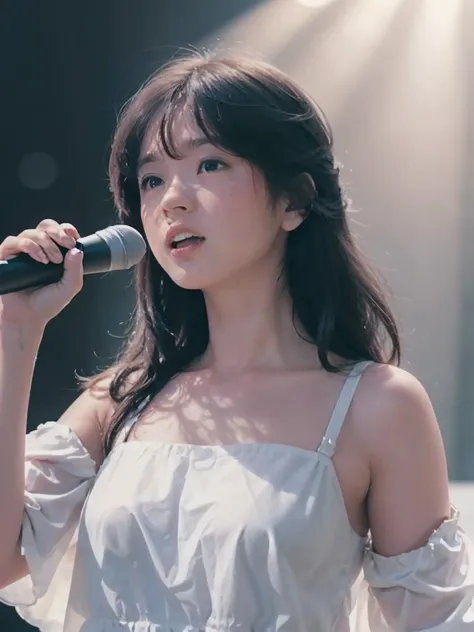 1girl,masterpiece,best quality,8K,photorealistic,detailed face,beautiful face,detailed skin,akinanakamori,white dress,dynamic pose,<lora:akinanakamori:0.9>,on stage,spotlight,singing