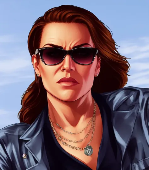 a woman in sunglasses and a leather jacket is staring at the camera