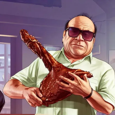 gtav style of Danny devito holding a turkey leg with one hand