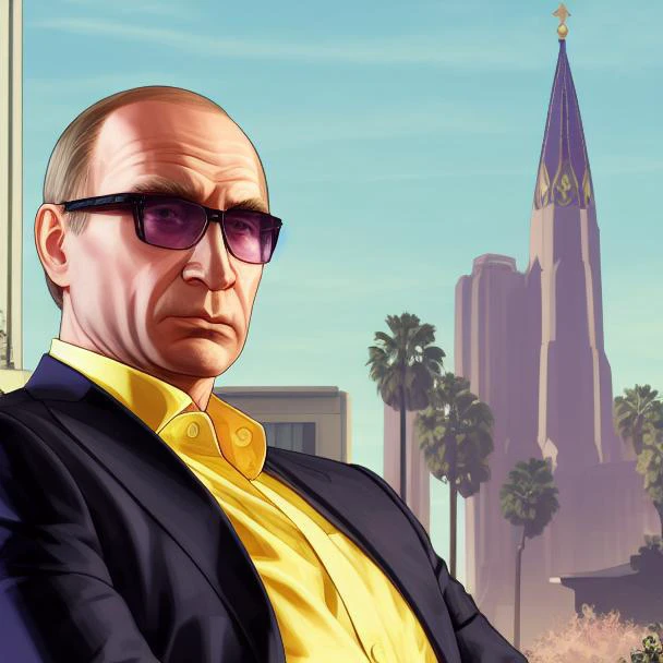 gtav style, a stunning intricate full colour upper body photo of vladimir putin president of russia wearing glasses, (wearing a ...