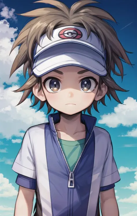 1 boy,more details in eyes,cute,looking at viewer, adorabel boy,cute face,details sky,handsome,young,juvenile,((masterpiece:1.4,best quality)),multiple details,colorful hair,eyeshadow,sfw,   nate (pokemon),visor
 <lora:NateLora:0.6>