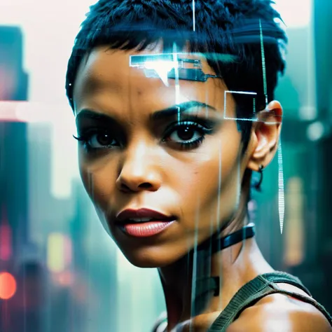 a double exposure image blending a portrait of woman looking like agnesxl3 with a blade runner movie scene.