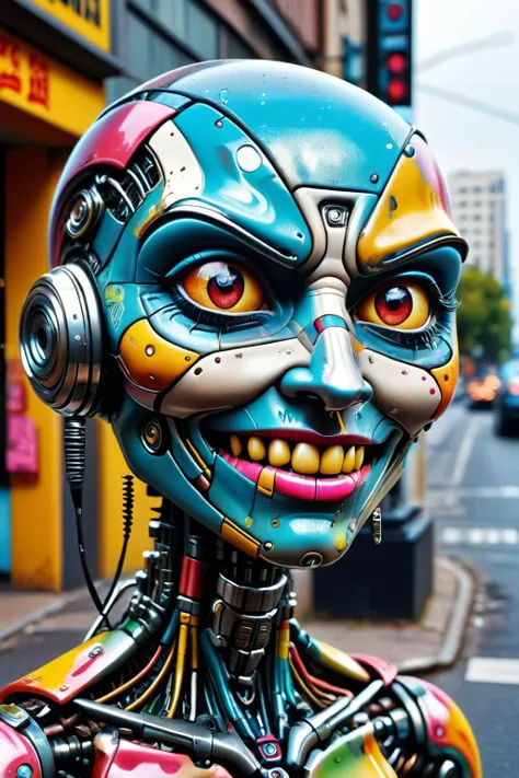 a close up of a robot statue on a city street