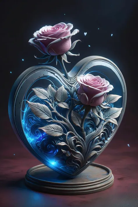 a close up of a heart shaped vase with two roses inside