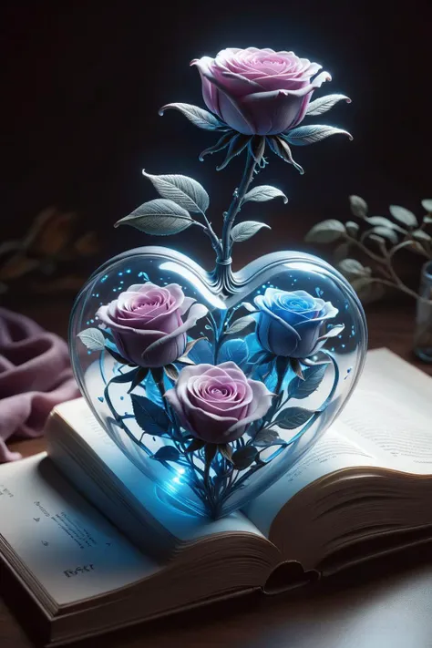 there is a heart shaped glass vase with roses inside of it