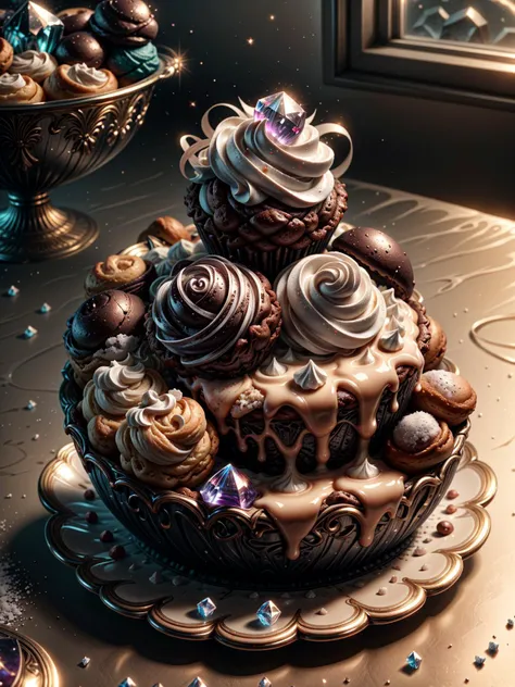 there is a cake with frosting and chocolate icing on a plate