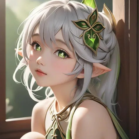 a close up of a girl with a green and white hair