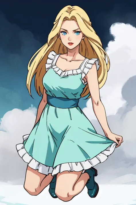 masterpiece, best quality, 1girl, solo, full body, 
ANIME_lolita_prideaux_ownwaifu, www.ownwaifu.com, 
blonde hair, long hair, blue eyes, collarbone, makeup, eyelashes, lips, red lips, very long hair, lipstick, 
aqua dress, dress, frills, sleeveless, frill...