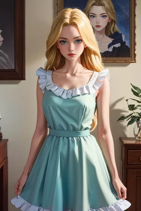 (masterpiece:1.4),(best quality:1.4),(absurdres:1.4),pin-up,    
ANIME_lolita_prideaux_ownwaifu, www.ownwaifu.com, 
blonde hair, long hair, blue eyes, collarbone, makeup, eyelashes, lips, red lips, very long hair, lipstick, 
aqua dress, dress, frills, slee...