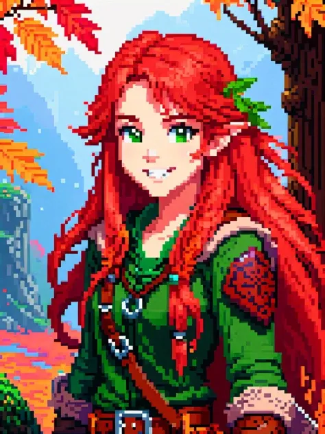 pixel art of a 15yo girl, druid with long red hair, autumn, cinematic film still, from Dungeons & Dragons, rugged clothes, sweet smile, (gap-toothed:2)