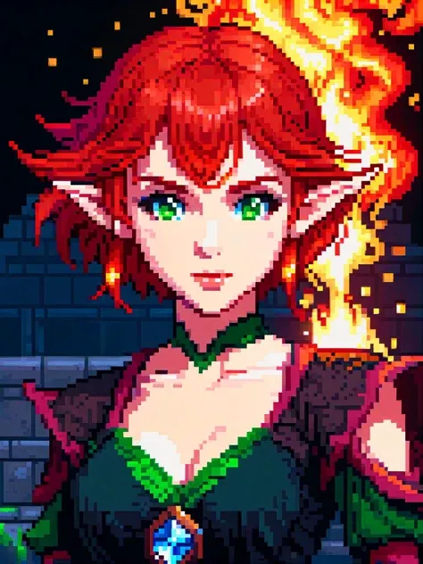 pixel art of a beautiful sexy teenage elf girl, cinematic film still, Sorcerer from Dungeons & Dragons, short red hair, black dress, fire magic