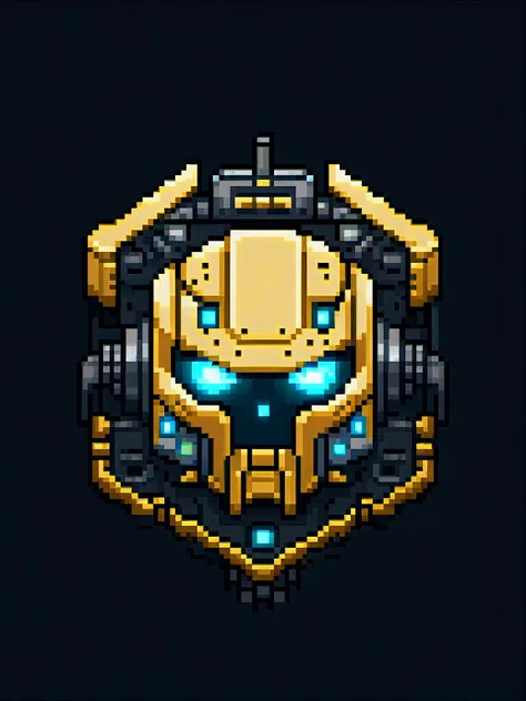 pixel art, cartoon illustration, futuristic mecha shield, cyberpunk, black and yellow colors, simple black background, game icon