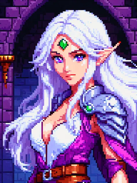 pixel art of young elf woman, a seductive wizard with long white hair and purple eyes, beauty, beautiful breasts and sexy face, cinematic film still, from Dungeons & Dragons, hot body, metal pauldron, belt, wizard robes