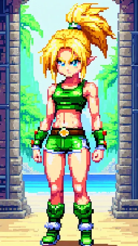 1girl, Pixel Art, pixel, 32 bits, short blonde bob haircut, skin tight tanktop, navel, short cutoff shorts, knee-high socks, combat boots, super saiyan hair, beautiful Bikini Elf Girl, green metal armor, (long blonde hair), hands on hips, athletic body, It...