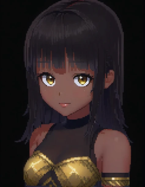 (Pixel art:1.2), 1girl, <lora:Tsuneyo_Tojo:0.8>. dark skin. gold eyes. blunt bangs, black background, seductive smile