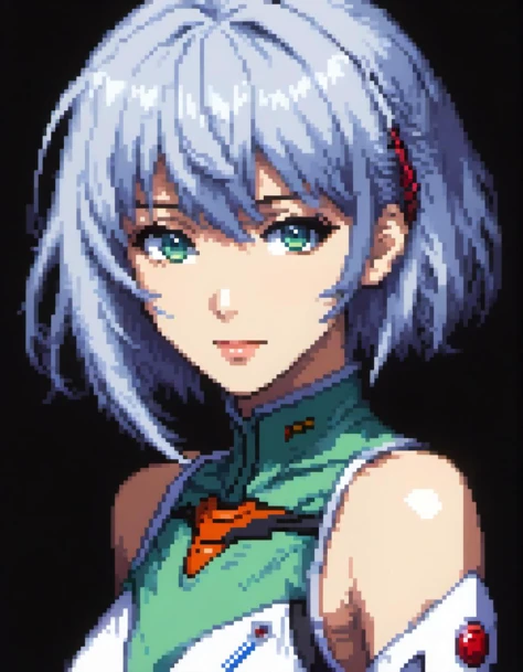 (Pixel art:1.2), 1girl,  rei ayanami from evangelion, black background, seductive smile