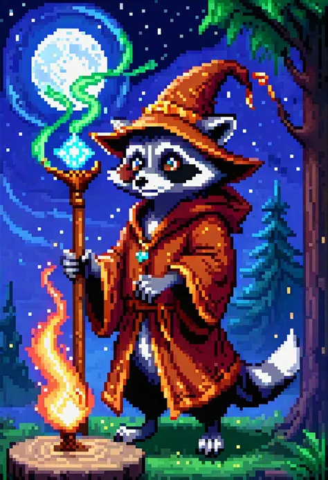 pixel art, 32 bit, a racoon in wizard robes, carrying a staff, magical swirls around him, casting a spell, at night